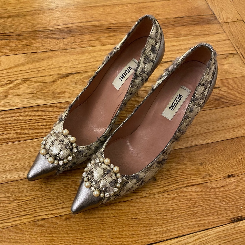 Moschino Brocade Tweed in Leather w/ Pearls Pumps